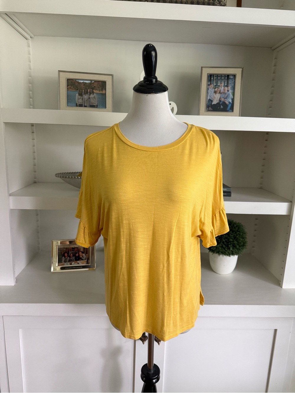 LuLaRoe Bright Mustard Flutter Sleeve Top - Picture 3 of 8